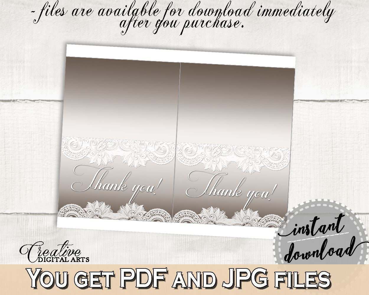 Thank You Card in Traditional Lace Bridal Shower Brown And Silver Theme, thank you note, vintage lace, bridal shower idea, prints - Z2DRE - Digital Product