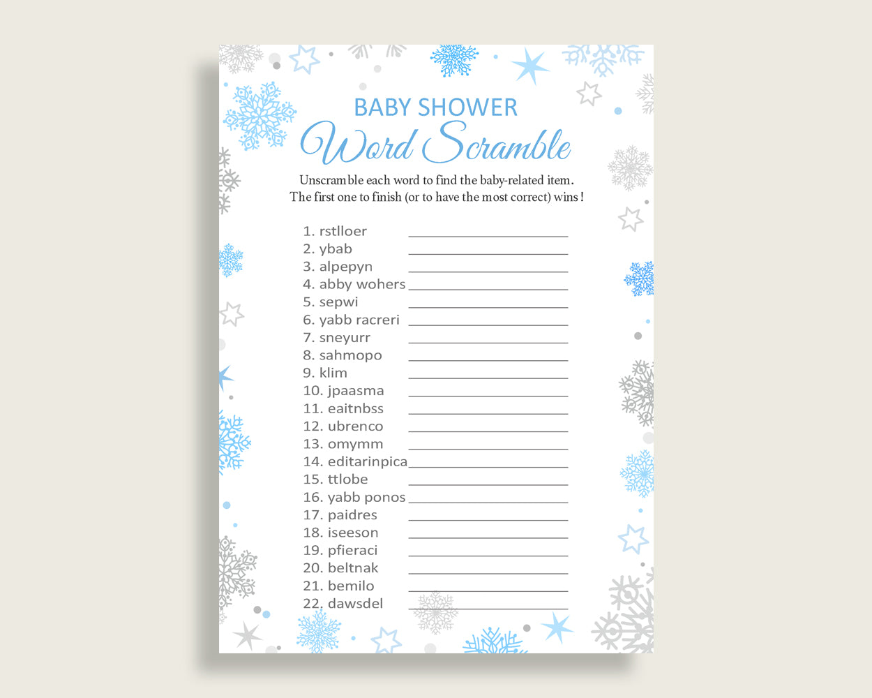Word Scramble Baby Shower Word Scramble Snowflake Baby Shower Word Scramble Blue Gray Baby Shower Snowflake Word Scramble printable NL77H