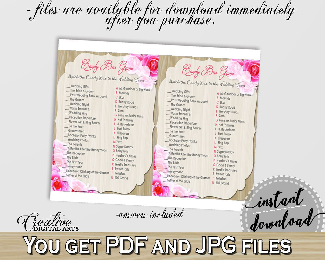 Roses On Wood Bridal Shower Candy Bar Game in Pink And Beige, sweet love, vintage roses, party stuff, party decorations, party decor - B9MAI - Digital Product
