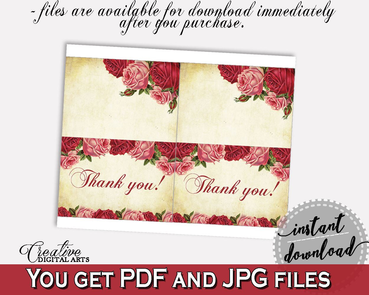 Thank You Card Bridal Shower Thank You Card Vintage Bridal Shower Thank You Card Bridal Shower Vintage Thank You Card Red Pink digital XBJK2 - Digital Product
