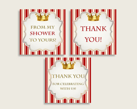 Prince Baby Shower Square Thank You Tags 2 inch Printable, Red Gold Boy Shower Gift Tags, Hang Tags Labels, Instant Download, Stickers 92EDX
