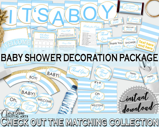 Baby Shower Decoration package bundle printable with Blue Stripes for boys, digital Jpg Pdf - Instant Download - bs002