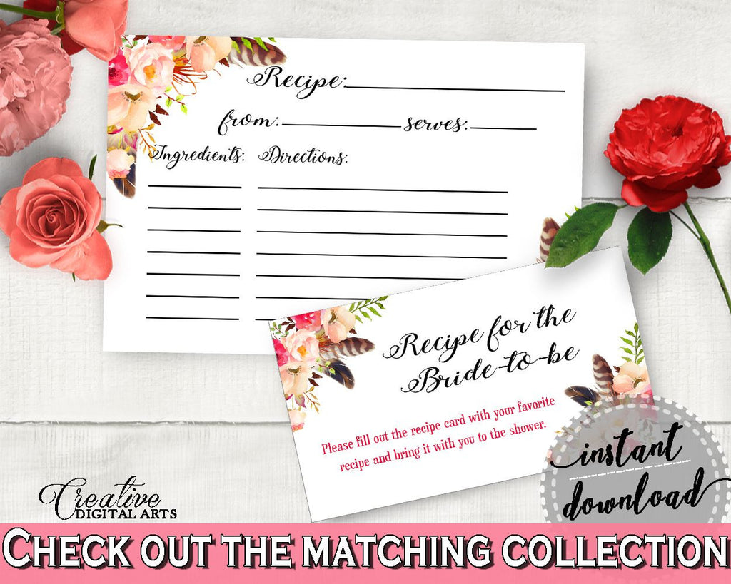 Pink And Red Bohemian Flowers Bridal Shower Theme: Recipe For The Bride To Be - bride to be recipe, best seller, party decorations - 06D7T - Digital Product