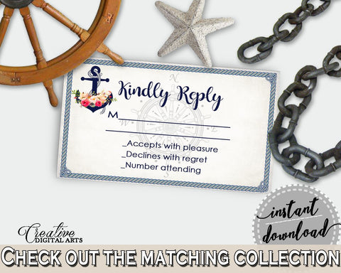 Navy Blue Nautical Anchor Flowers Bridal Shower Theme: Invitation Insert Kindly Reply - response card, cruising theme, party theme - 87BSZ - Digital Product