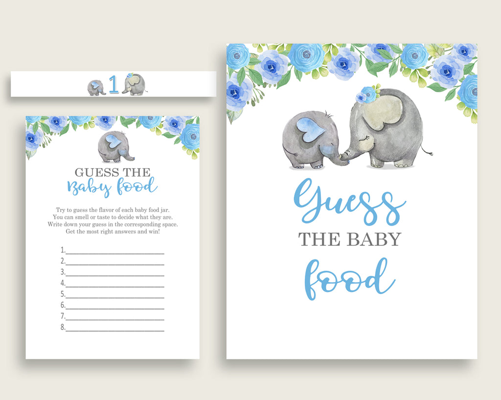 Blue Gray Elephant Blue Guess The Baby Food Game Printable, Boy Baby Shower Food Guessing Game Activity, Instant Download, Mammoth ebl01