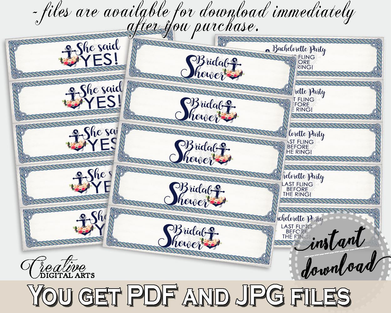 Navy Blue Nautical Anchor Flowers Bridal Shower Theme: Bottle Labels - stickers labels tags, underwater theme, printable files - 87BSZ - Digital Product