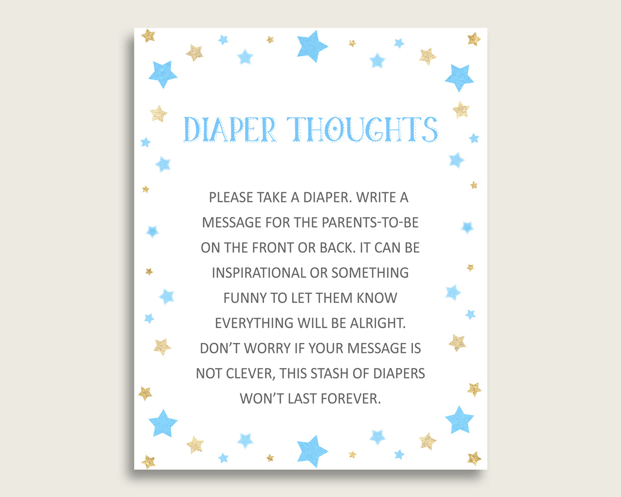 Stars Baby Shower Diaper Thoughts Printable, Boy Blue Gold Late Night Diaper Sign, Words For Wee Hours, Write On Diaper Message, Sign bsr01