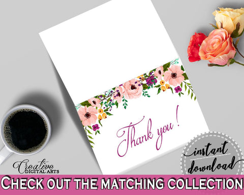 White And Pink Watercolor Flowers Bridal Shower Theme: Thank You Card - thanks for coming, pink flowers shower, customizable files - 9GOY4 - Digital Product