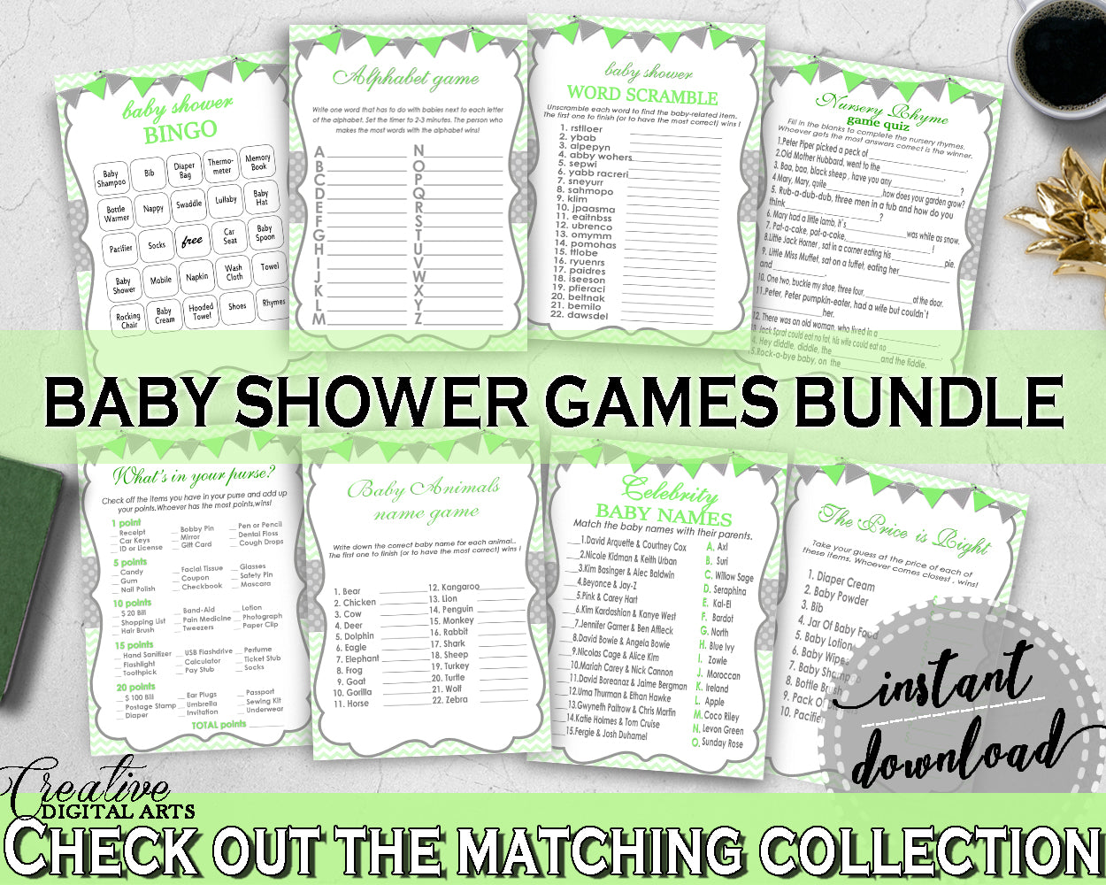 Green Baby Shower games package bundle printable with chevron green theme, 8 games pack, jpg and pdf - Instant Download - cgr01