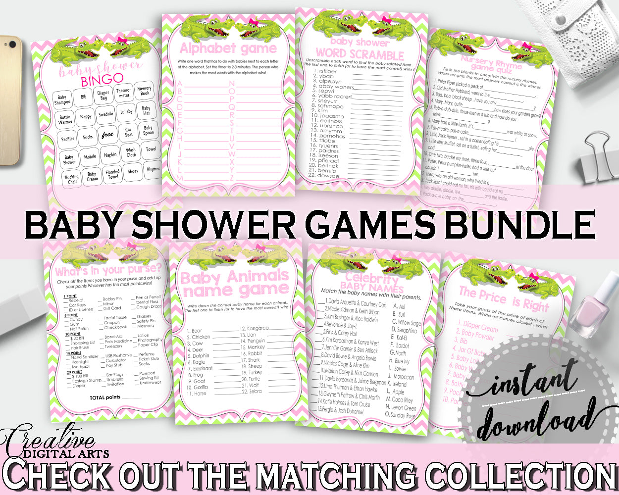 Pink and Green Baby Shower games package bundle printable with Green Alligator Crocodile for girl - Instant Download - ap001