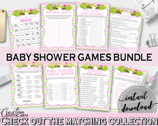 Pink and Green Baby Shower games package bundle printable with Green Alligator Crocodile for girl - Instant Download - ap001