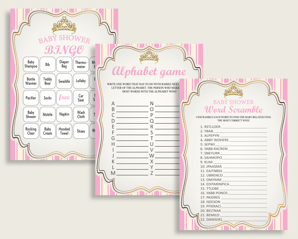 Royal Princess Baby Shower Games Printable Pack, Pink Gold Baby Shower Games Package Girl, Royal Princess Games Bundle Set, Instant rp002