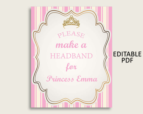 Royal Princess Baby Shower Headband Sign, Pink Gold Headband Station Sign Editable, Girl Shower Headband For Baby, Instant Download, rp002