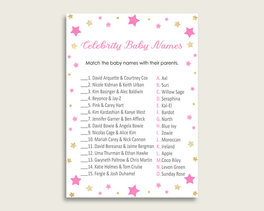 Pink Gold Celebrity Baby Names, Twinkle Star Baby Shower Girl Name Game Printable, Celebrity Match Game, Famous Babies Game, Celebrity bsg01