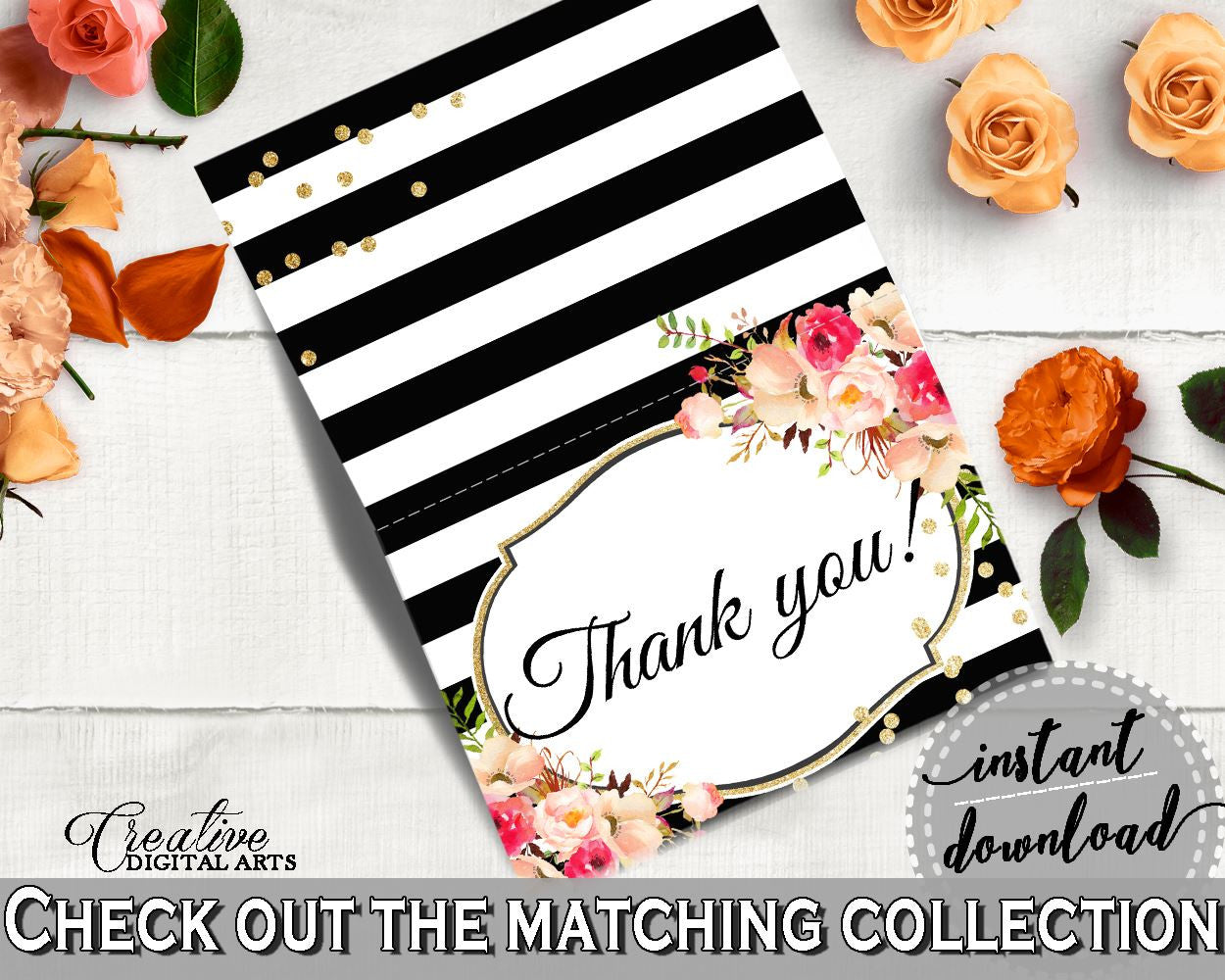 Flower Bouquet Black Stripes Bridal Shower Thank You Card in Black And Gold, thank-you note, glistening flowers, shower celebration - QMK20 - Digital Product