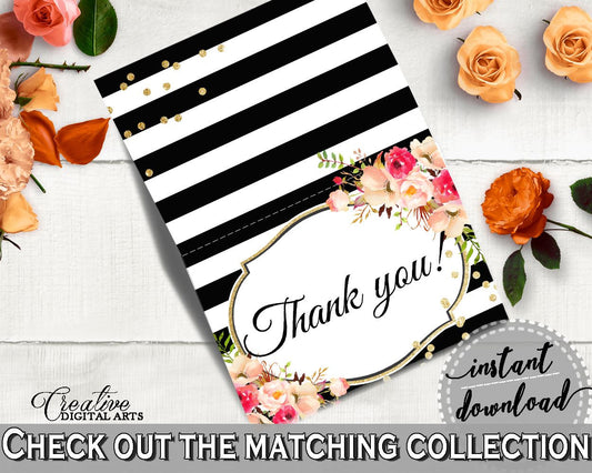 Flower Bouquet Black Stripes Bridal Shower Thank You Card in Black And Gold, thank-you note, glistening flowers, shower celebration - QMK20 - Digital Product