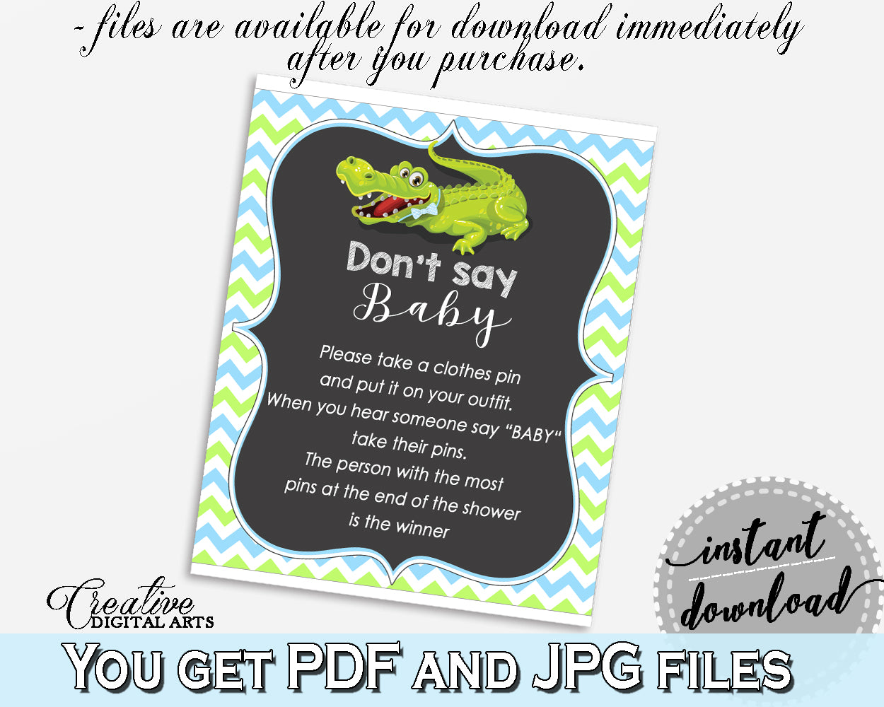 DON'T SAY BABY game for baby shower with green alligator and blue color theme, instant download - ap002