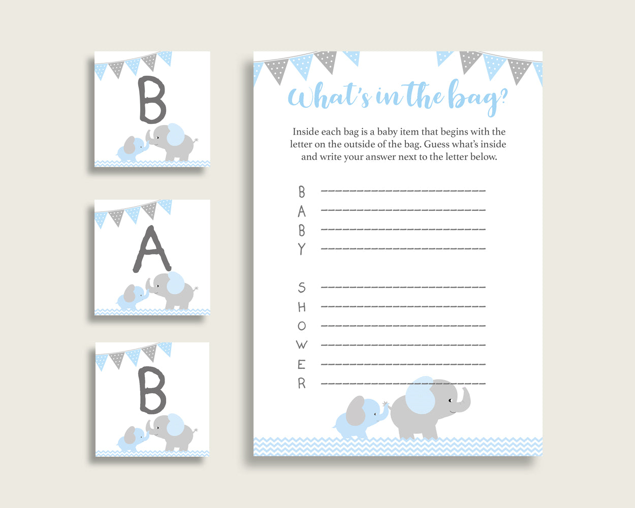 Elephant Baby Shower What's In The Bag Game, Blue Grey Boy Bag Game Printable, Instant Download, Little Peanut Most Popular ebl02