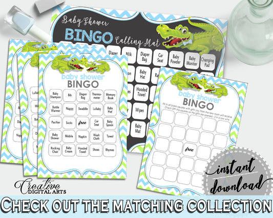 Baby Shower BINGO 60 cards game and empty gift BINGO cards with green alligator and blue color theme, instant download - ap002