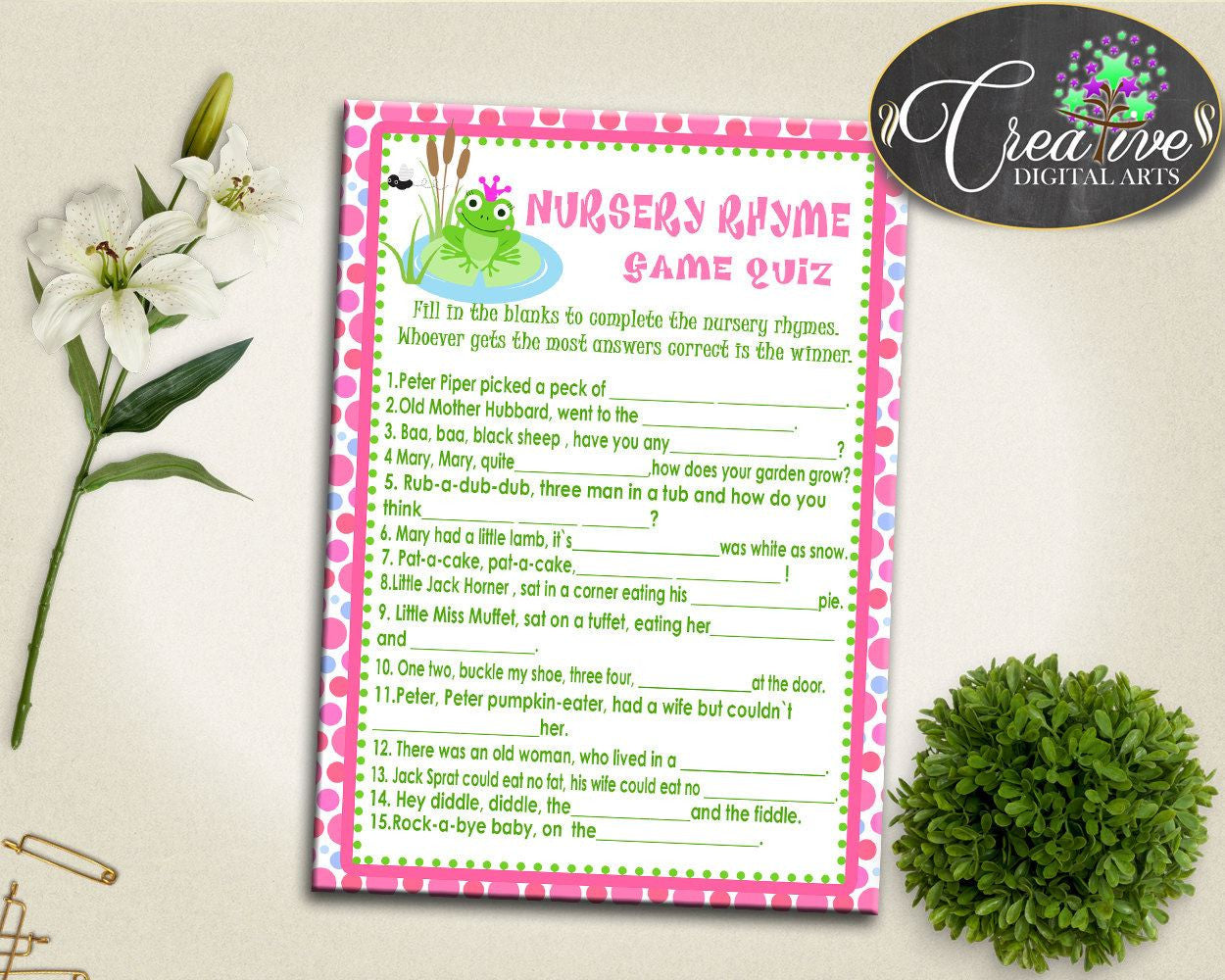 Baby Prince Charming Baby Shower Frogs Little Miss Muffet Little Jack Horner NURSERY RHYME QUIZ, Pdf Jpg, Printable Files - bsf01 - Digital Product