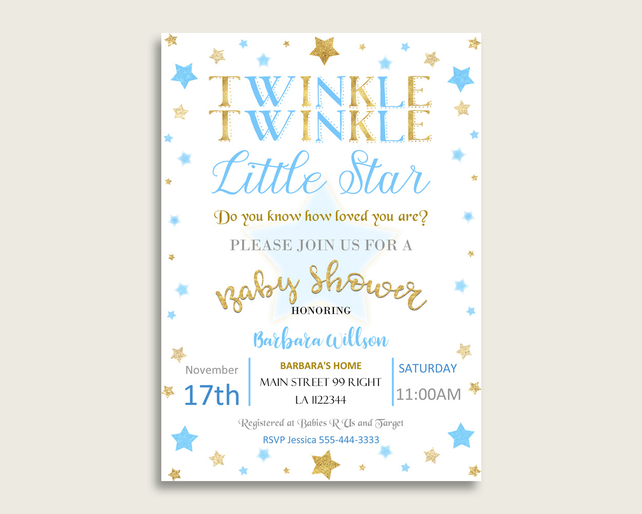 Stars Baby Shower Invitations Printable, Digital Or Printed Invitation Baby Shower Boy, Editable Invitation Blue Gold Most Popular bsr01