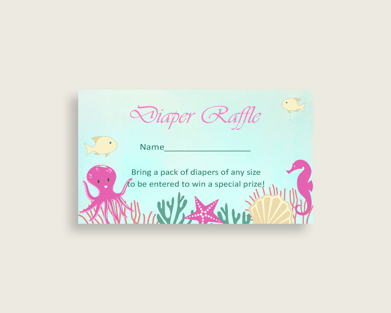 Under The Sea Baby Shower Diaper Raffle Tickets Game, Girl Pink Green Diaper Raffle Card Insert and Sign Printable, Instant Download uts01