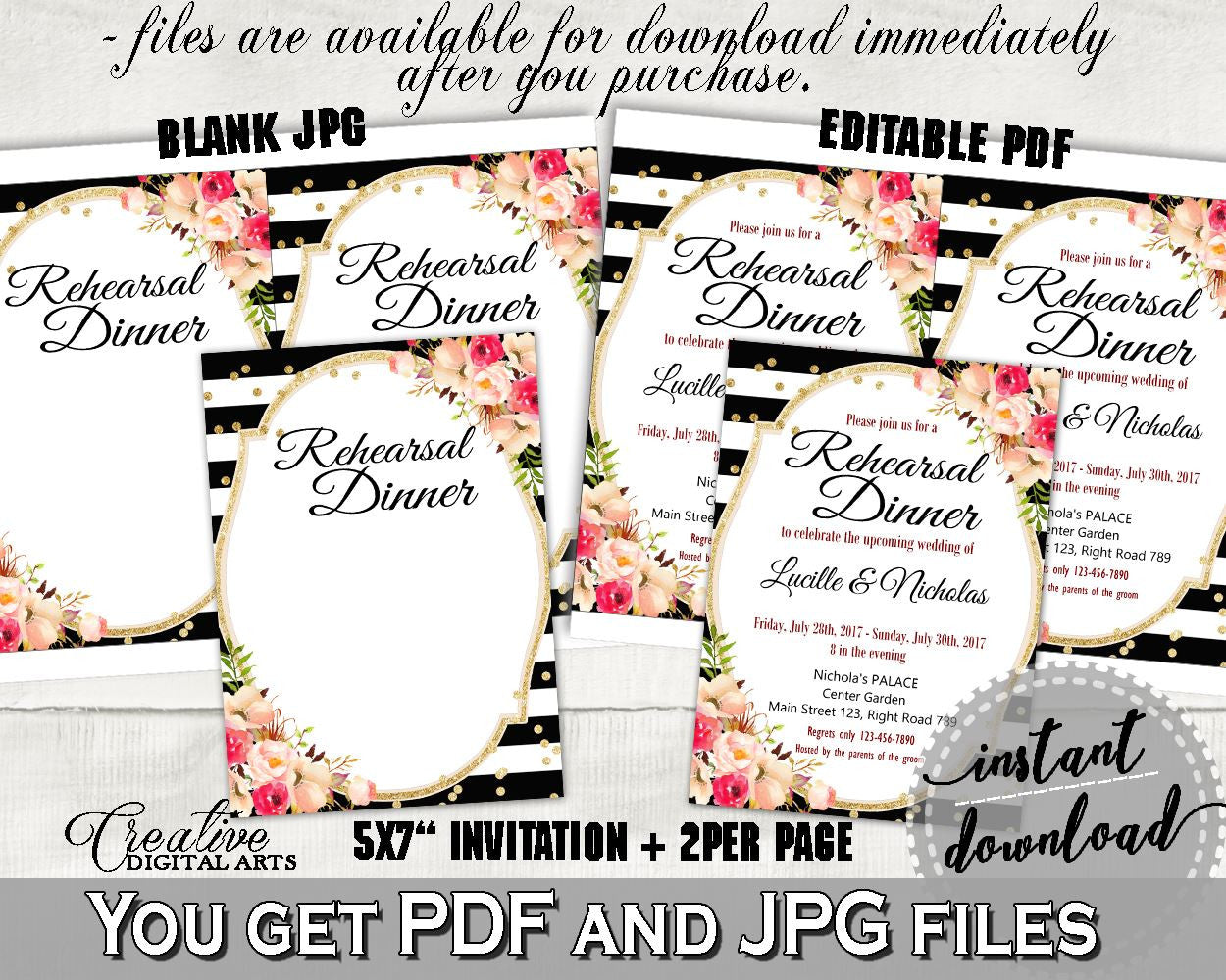 Rehearsal Dinner Invitation Editable in Flower Bouquet Black Stripes Bridal Shower Black And Gold Theme, wedding rehearsal, prints - QMK20 - Digital Product