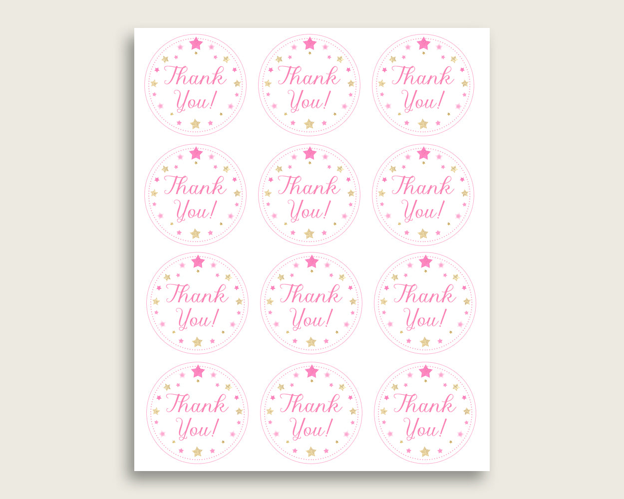 Twinkle Star Baby Shower Round Thank You Tags 2 inch Printable, Pink Gold Favor Gift Tags, Girl Shower Hang Tags Labels, Digital File bsg01