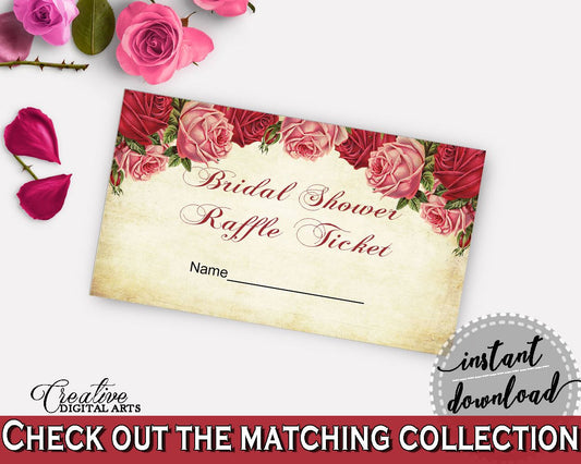 Raffle Ticket Bridal Shower Raffle Ticket Vintage Bridal Shower Raffle Ticket Bridal Shower Vintage Raffle Ticket Red Pink prints XBJK2 - Digital Product