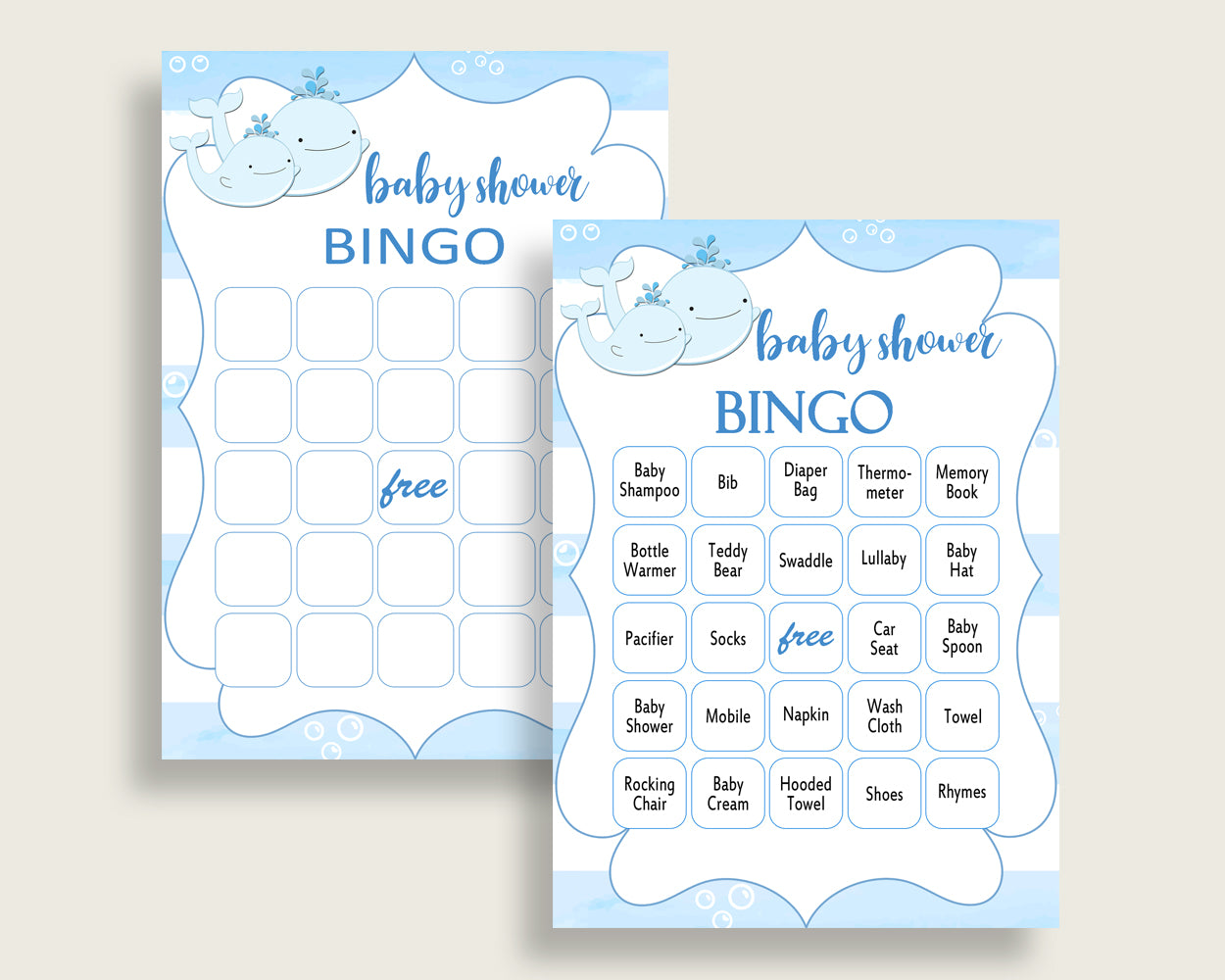 Whale Baby Shower Bingo Cards Printable, Blue White Baby Shower Boy, 60 Prefilled Bingo Game Cards, Light Blue Watercolor Stripes wbl01