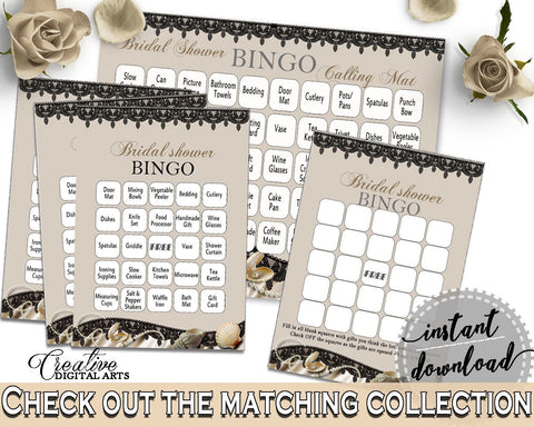 Brown And Beige Seashells And Pearls Bridal Shower Theme: Bingo 60 Cards - bingo game, nautical theme, party planning, party stuff - 65924 - Digital Product