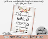 Write Your Name And Address Sign in Antlers Flowers Bohemian Bridal Shower Gray and Pink Theme, lettermate, party planning, prints - MVR4R - Digital Product