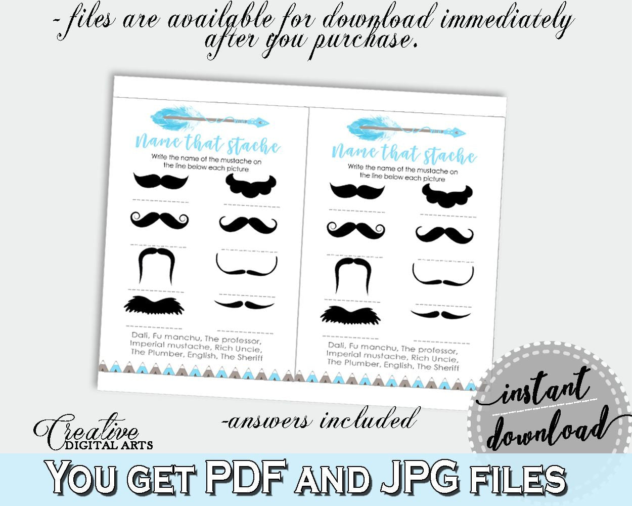 Name That Stache Baby Shower Name That Stache Aztec Baby Shower Name That Stache Blue White Baby Shower Aztec Name That Stache - QAQ18 - Digital Product