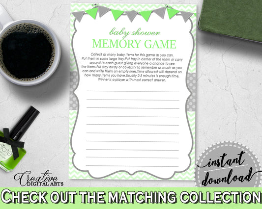 Baby Shower MEMORY game with chevron green neutral shower theme printable, digital file Jpg Pdf, instant download - cgr01