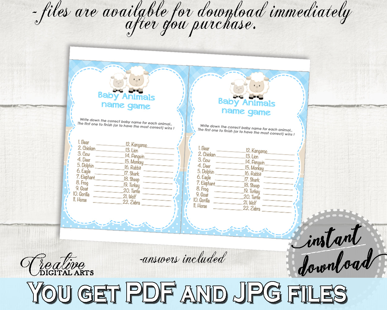 Lamb Blue Baby Shower NAME The BABY ANIMALS boy game, sheep baby shower boy game printable, Jpg Pdf, instant download - fa001