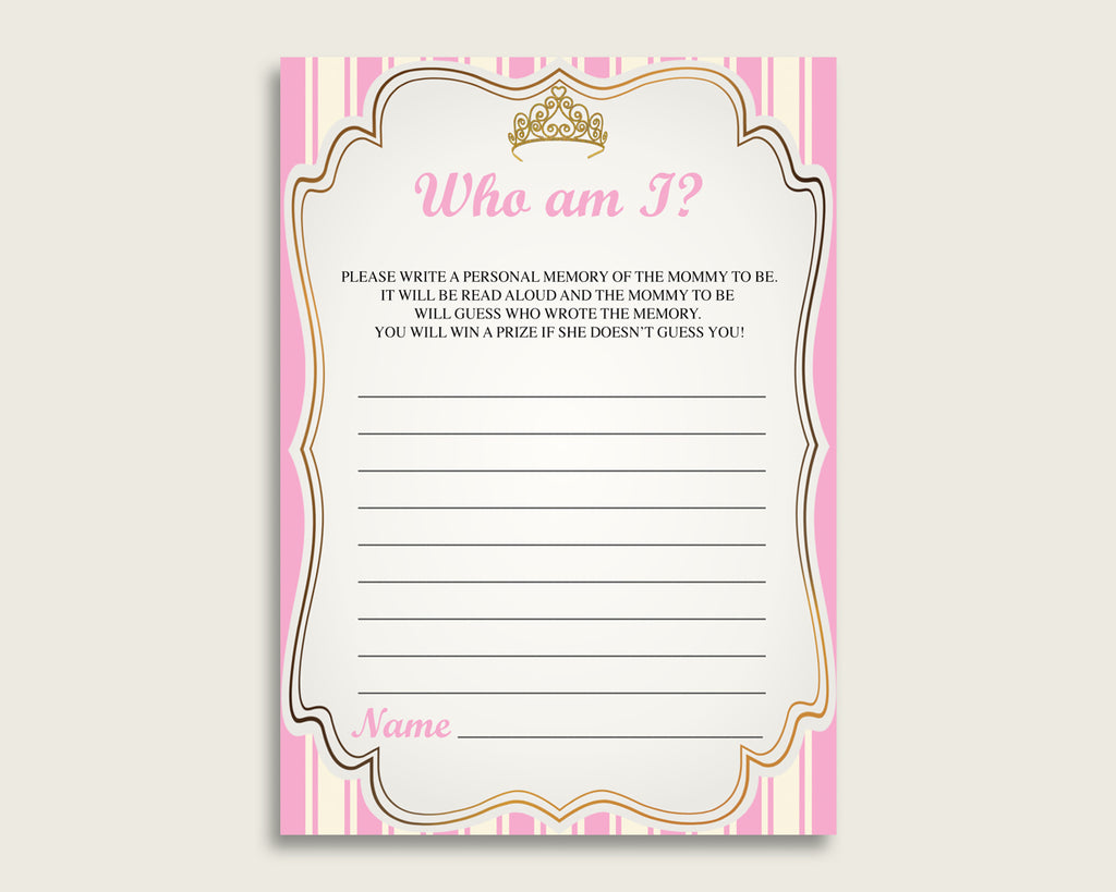 Royal Princess Who Am I Game Printable, Girl Baby Shower Memory With Mommy, Pink Gold Baby Shower Activity, Instant Download, rp002
