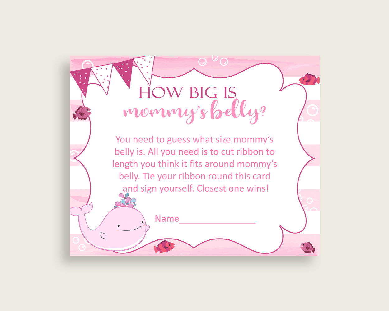 Pink White How Big Is Mommy's Belly Game, Pink Whale Baby Shower Girl, Guess Mommys Belly Size, Mommy Tummy Game, Instant Download, wbl02