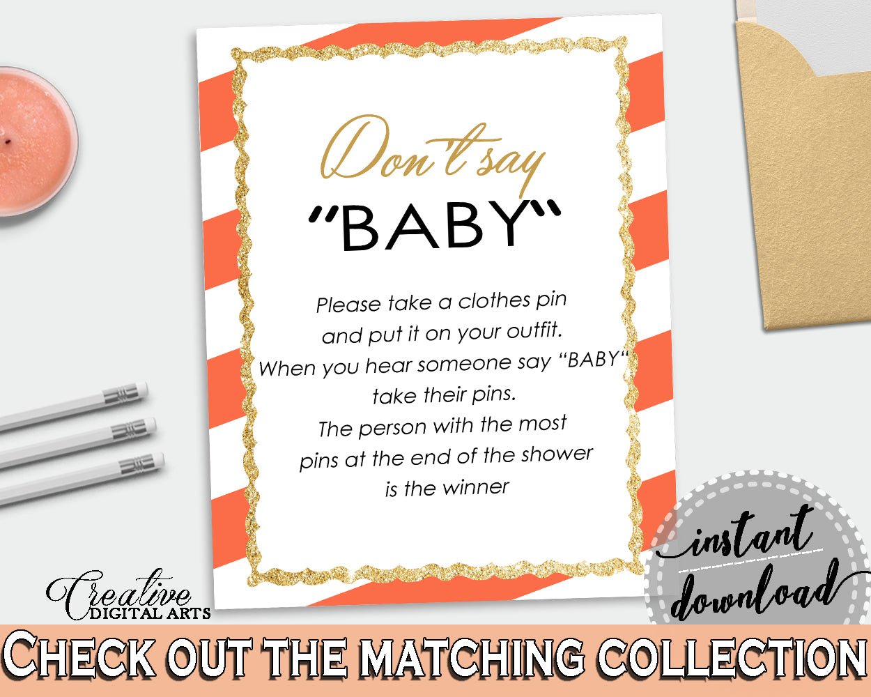 DON'T SAY BABY printable, baby shower game orange striped theme printable glitter gold, digital files, Jpg Pdf, instant download - bs003