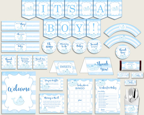Blue White Baby Shower Decorations Boy Kit, Whale Baby Shower Party Package Printable, Instant Download, Summer Popular Theme wbl01