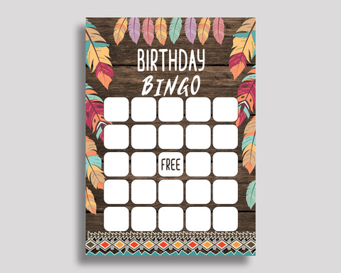 Wild One Bingo Gift Cards, Feathers Birthday Bingo Blank, Brown Green Bingo Cards Printable, Birthday Activity Boy Girl, LQES5