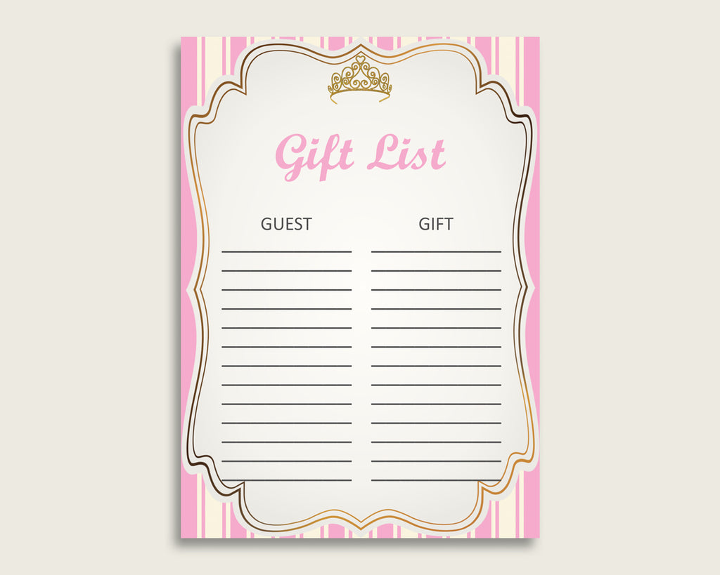 Royal Princess Baby Shower Gift List, Pink Gold Gift List Printable, Girl Baby Shower Gift Checklist Sheet, Instant Download, rp002