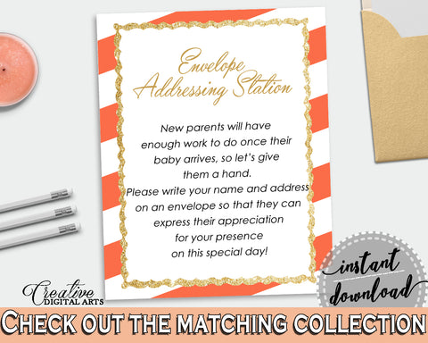 ENVELOPE ADDRESSING STATION baby shower sign with gold glitter title and orange white stripes for baby shower girl, instant download - bs003