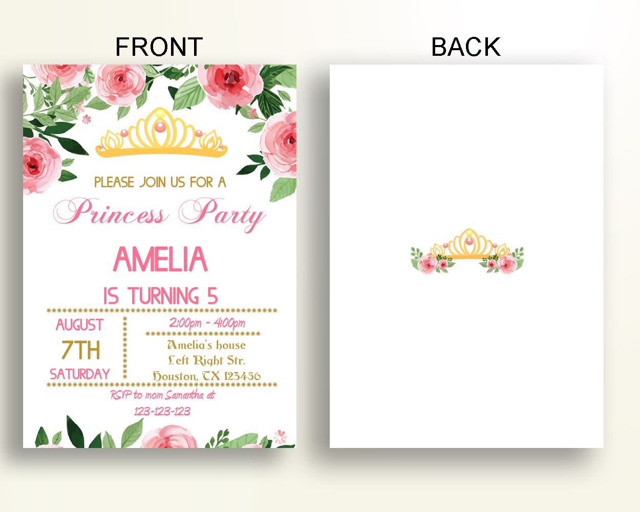 Princess Birthday Invitation Princess Birthday Party Invitation Princess Birthday Party Princess Invitation Girl floral princess JK2O1 - Digital Product