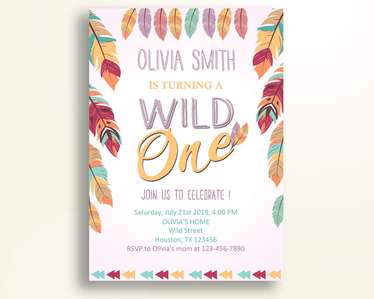 Wild One Birthday Invitation Feathers Birthday Party Invitation Wild One Birthday Party Feathers Invitation Girl invitation for girl HZNGI - Digital Product