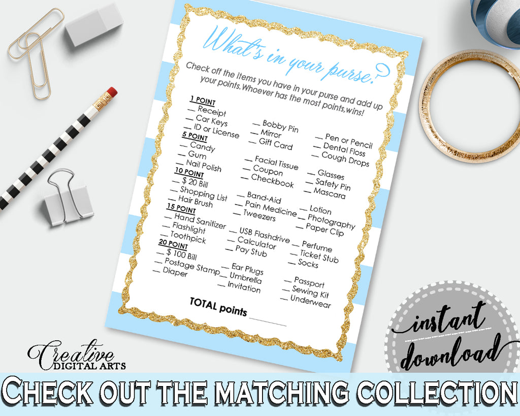 WHAT'S In YOUR PURSE printable baby shower game with blue and white stripes, digital Jpg Pdf, instant download - bs002