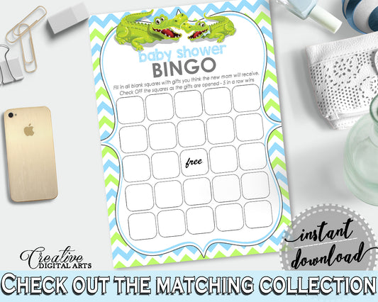 Baby Shower printable BINGO GIFT cards game with green alligator and blue color theme, Jpg Pdf, instant download - ap002