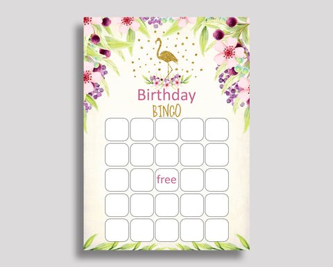 Flamingo Bingo Gift Cards, Glitter Birthday Bingo Blank, Gold Green Bingo Cards Printable, Birthday Activity Girl, P3SIV