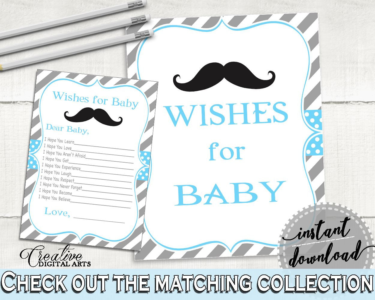 Wishes, Baby Shower Wishes, Mustache Baby Shower Wishes, Baby Shower Mustache Wishes Blue Gray party décor, party supplies, prints 9P2QW - Digital Product