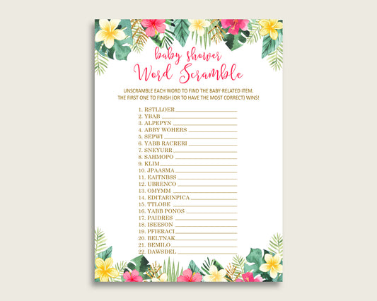 Girl Baby Shower Word Scramble Game Printable, Cute Hawaiian Pink Green Word Scramble, Funny Activity, Instant Download, Palm Leaves 955MG