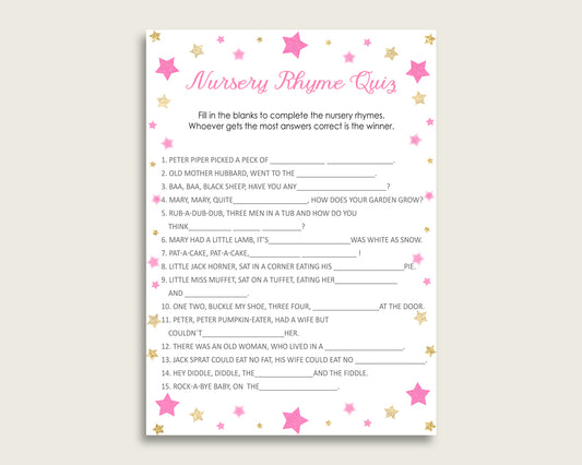 Twinkle Star Nursery Rhyme Quiz Printable, Pink Gold Nursery Rhyme Game, Pink Gold Baby Shower Girl Activities, Instant Download, bsg01